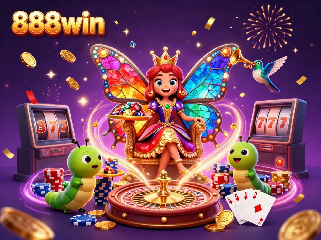 Experience the enchanting world of 888win with a dazzling 3D casino scene, featuring a butterfly queen and thrilling gaming elements.