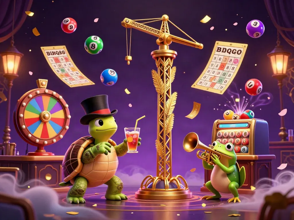 Experience the excitement of IDQQ88 with a lively 3D scene showcasing lottery balls, a speakeasy, and vibrant animations.