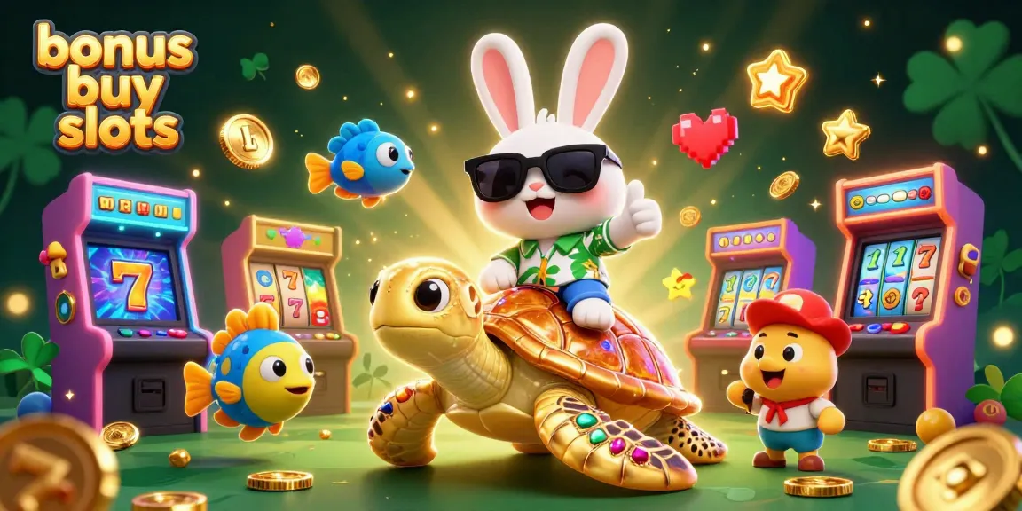 Experience bonus buy slots excitement with a lucky rabbit and golden turtle in a vibrant casino scene.