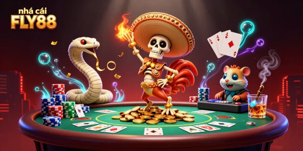 Join the fun at nhà cái FLY88, where a festive skeleton rooster dances amidst vibrant casino elements, enhancing your gaming experience.