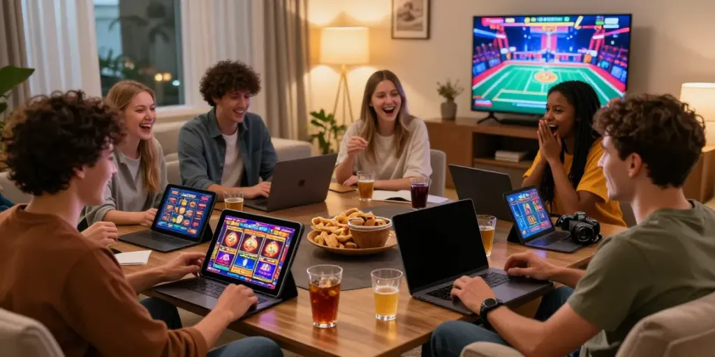 Friends enjoying da88 slot games in a cozy living room setting