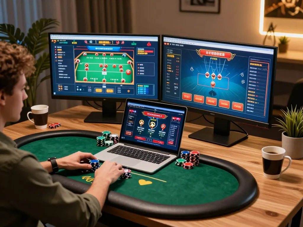 Engaging with online poker at u888 on a stylish gaming setup with warm lighting.