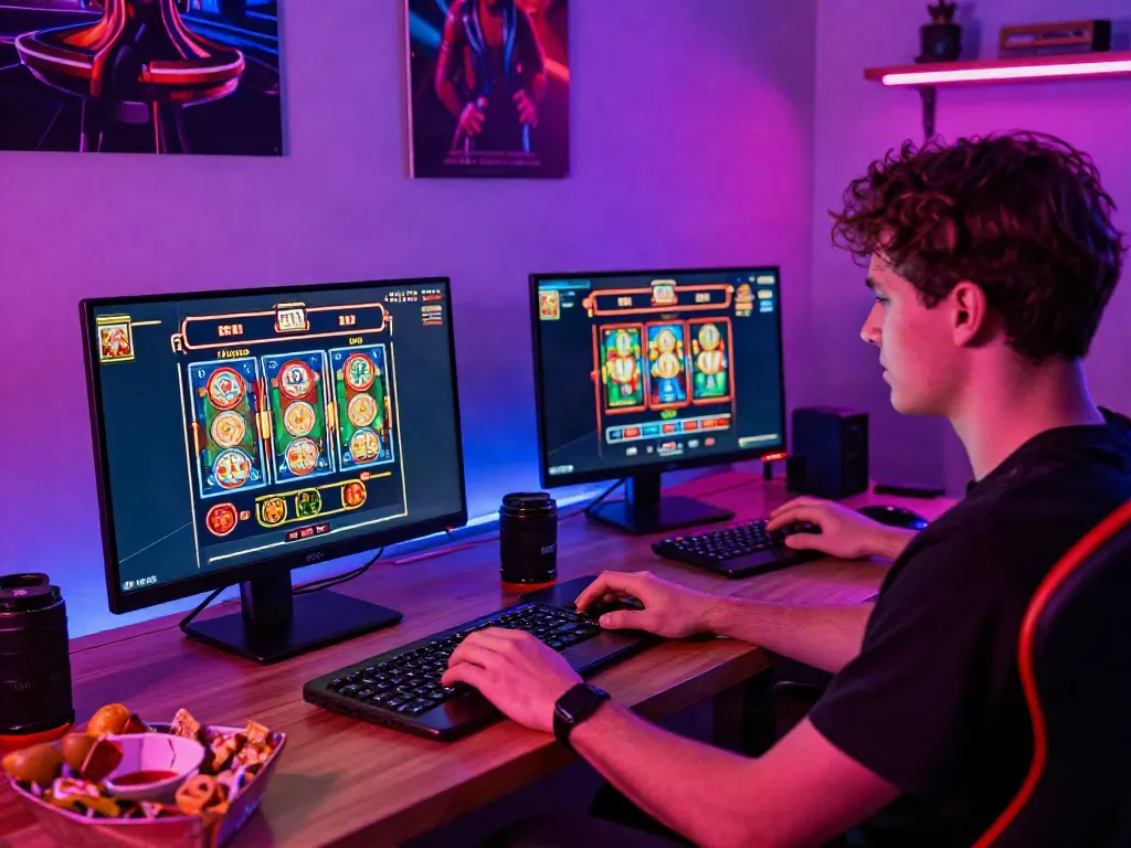 Engaged user playing games at https://man88pro.com/ with vibrant gaming decor and LED lights