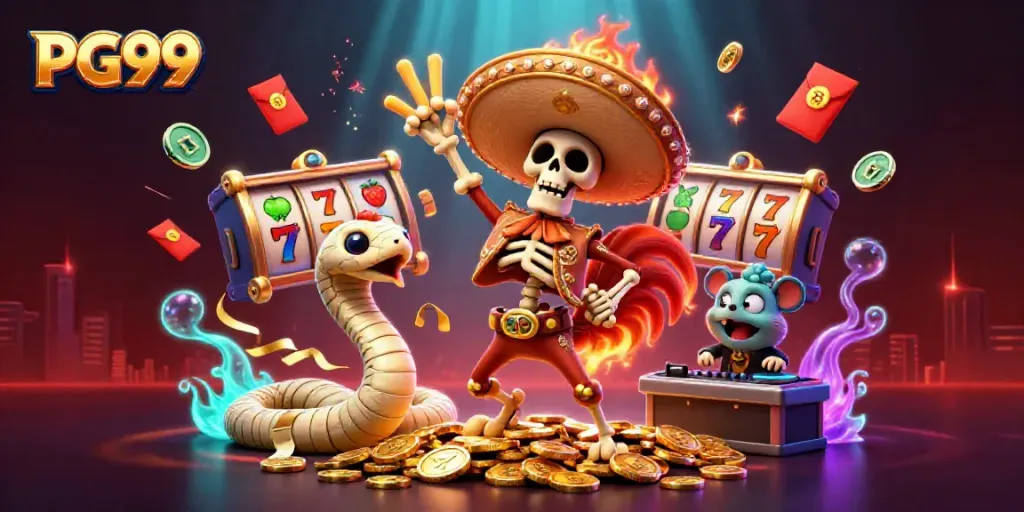 PG99 showcases a vibrant victory scene with a mariach skeleton, mummy snake, and zombie hamster DJ amidst slot games.