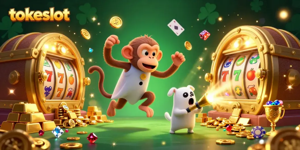 TokeSlot engages players with an exciting 3D casino scene featuring a mischievous monkey and ghost-hunter puppy.