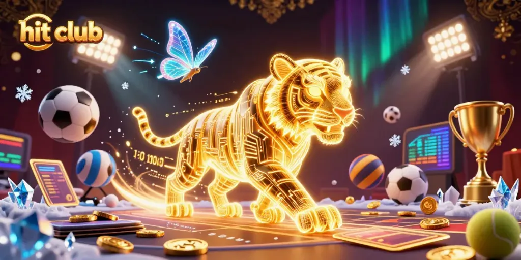 Engage in the hit club casino experience with a dynamic scene featuring a golden tiger in a vibrant atmosphere.