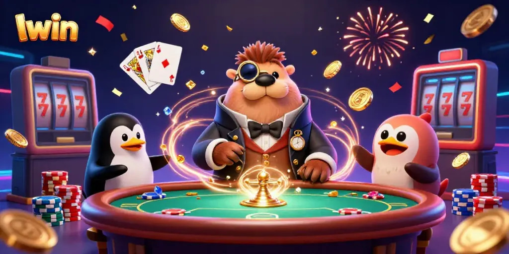 Iwin casino illustration featuring a jolly walrus, penguin dealer, and pufferfish player in a vibrant gaming scene.
