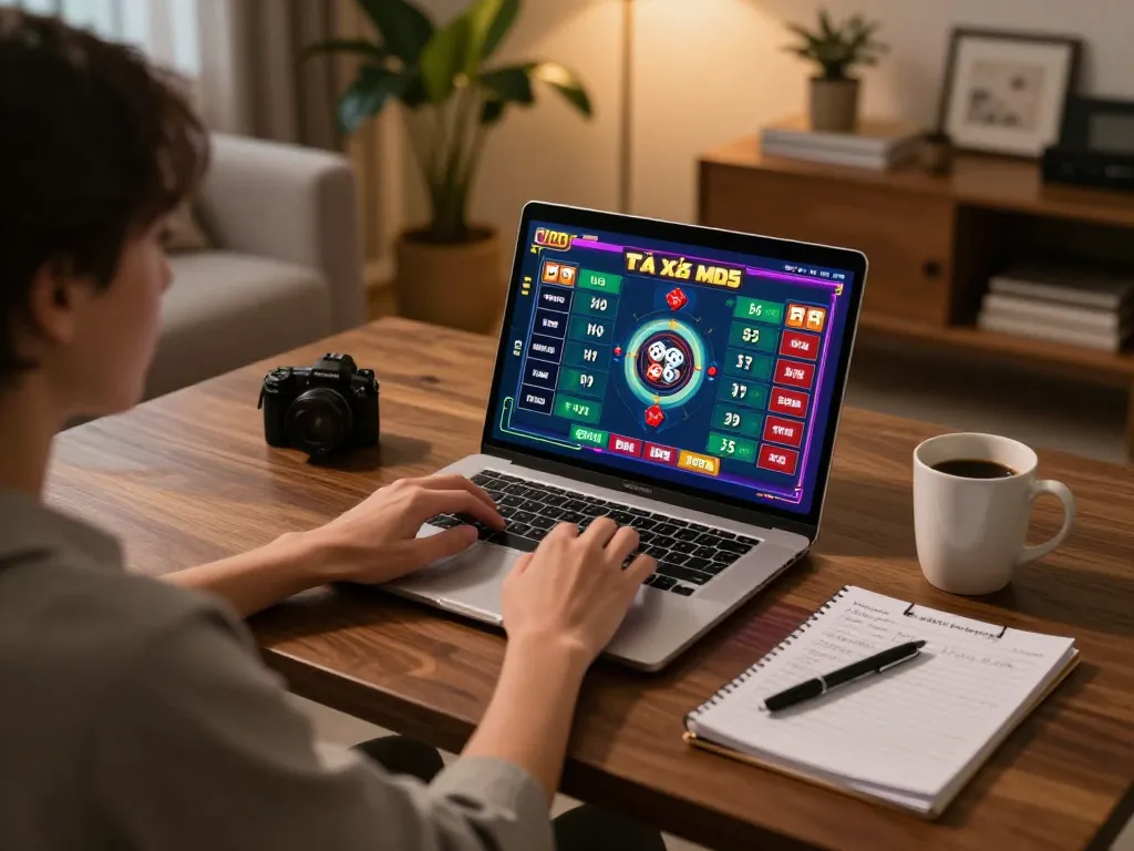 Engaging lifestyle moment playing Tài xỉu MD5 online with laptop, showcasing at-home gaming setup in a cozy atmosphere.