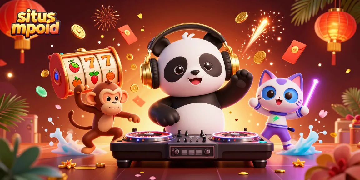 Engage with situs mpoid through a vibrant casino scene featuring a DJ panda, breakdancing monkey, and playful kitten.