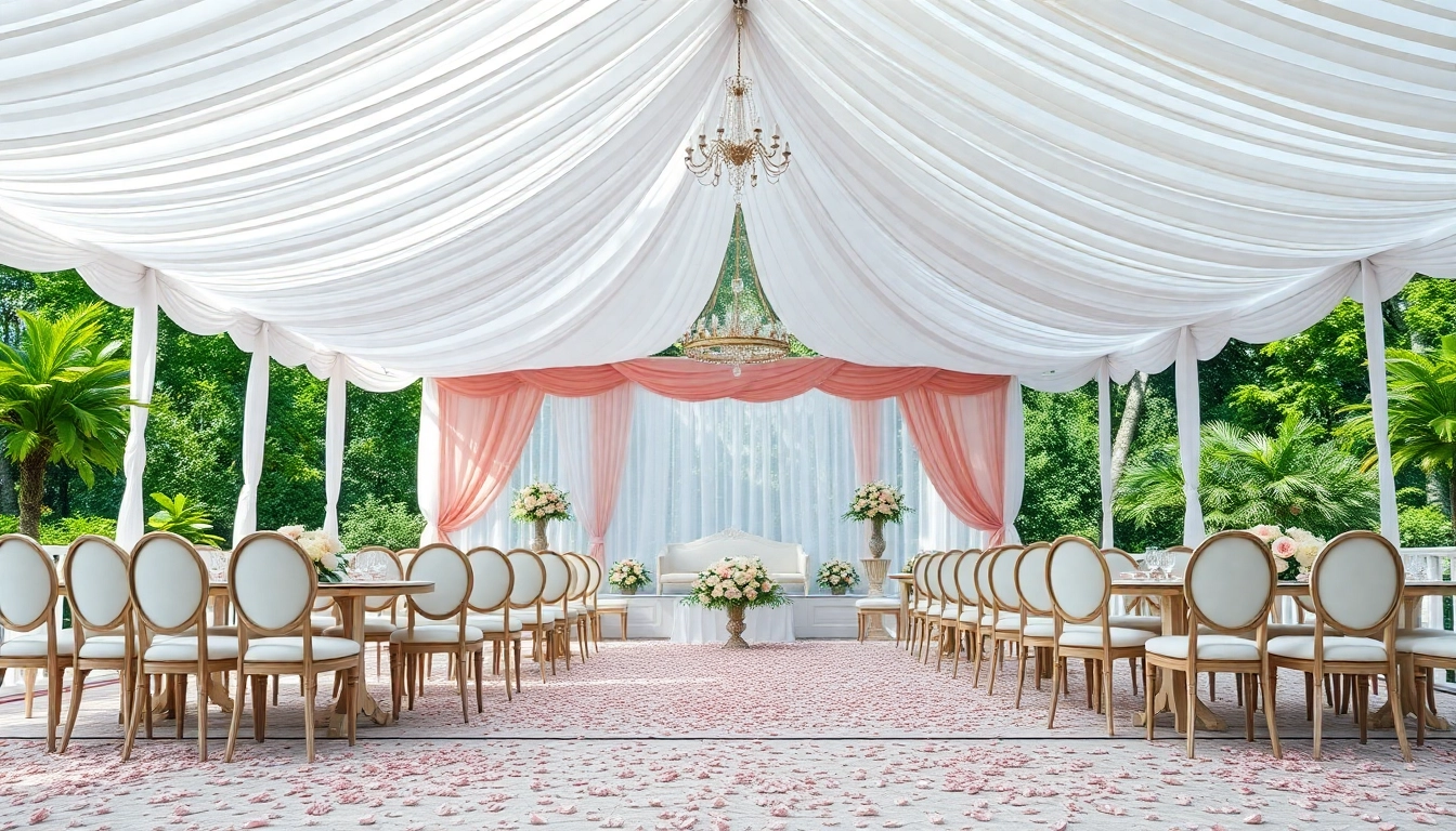 Experience elegant Wedding Tent Chair & Table Rentals with charming floral arrangements in a beautiful setting.