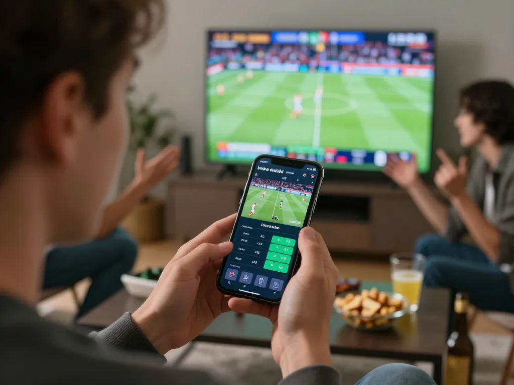 Person engaged with kèo nhà cái app for live sports betting in a lively home environment