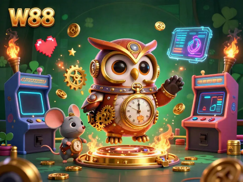 Join the W88 gaming adventure with a time-traveling owl in a vibrant casino scene.