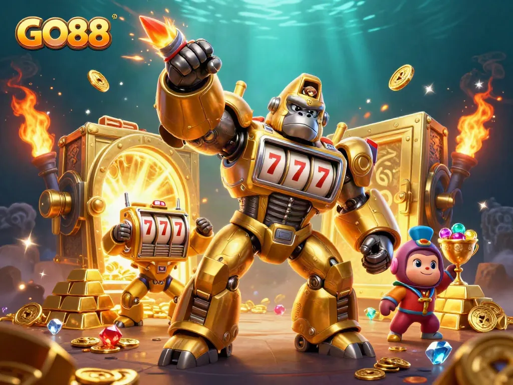 Engage with GO88 illustrated as a golden mech gorilla slamming jackpot reels amidst treasure and gems.