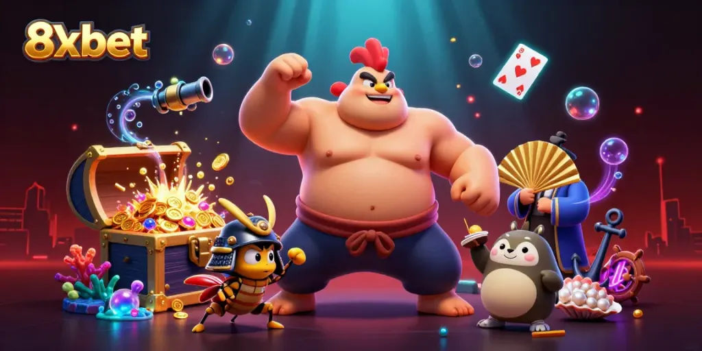8xbet showcases thrilling 3D cartoon scene with a powerful sumo wrestler rooster, a fierce samurai cricket, and dynamic casino elements.