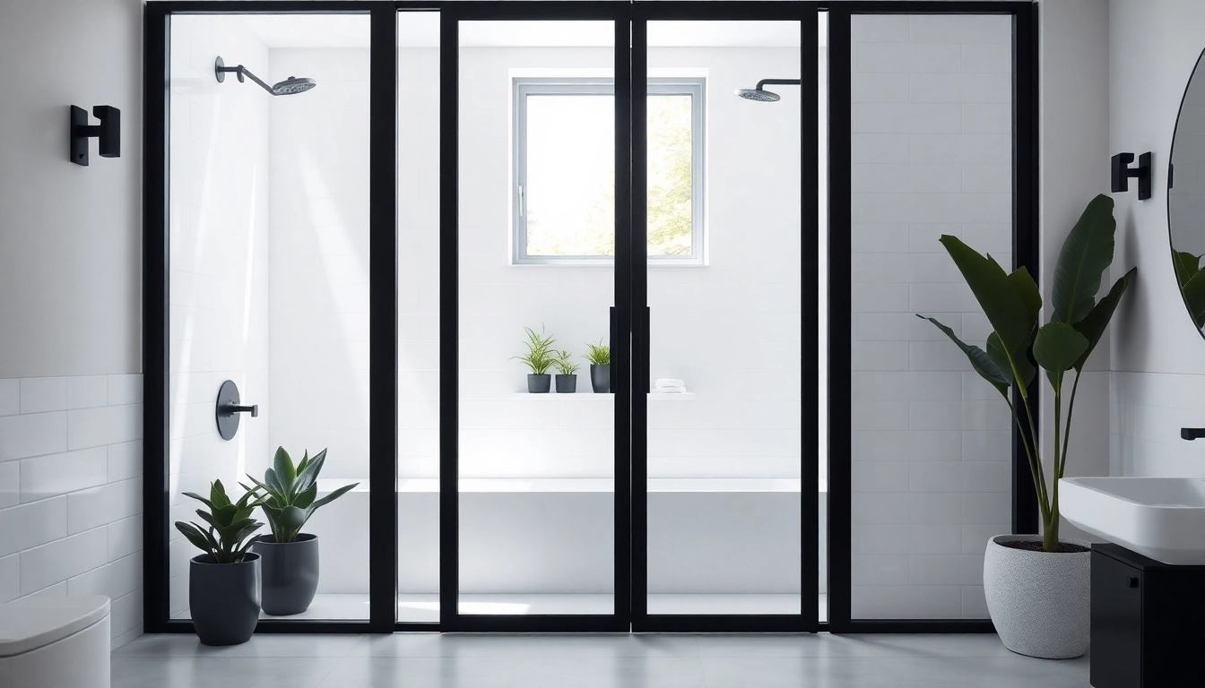 Elevate your bathroom aesthetics with stunning black frame shower doors framed by sleek modern decor.