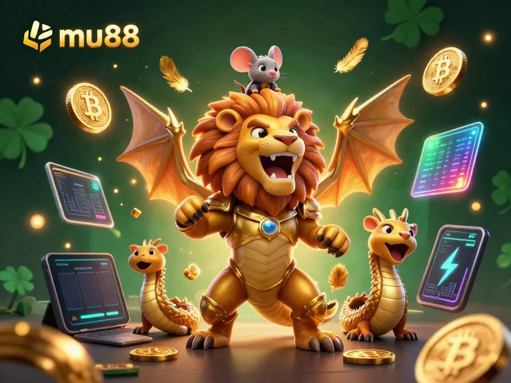 Embark on big wins with link mu88 and a lively 3D chimera creature in a vibrant casino scene.