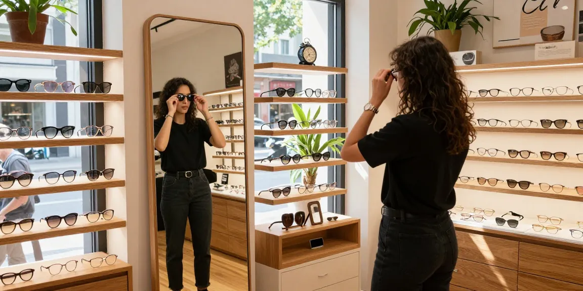 Individual trying on stylish óculos de grau in a modern eyewear store during sunlight.