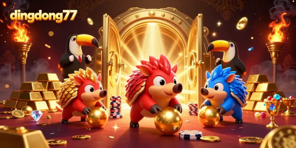 Rival pangolins bowling through poker chips representing dingdong77, surrounded by golden treasures.