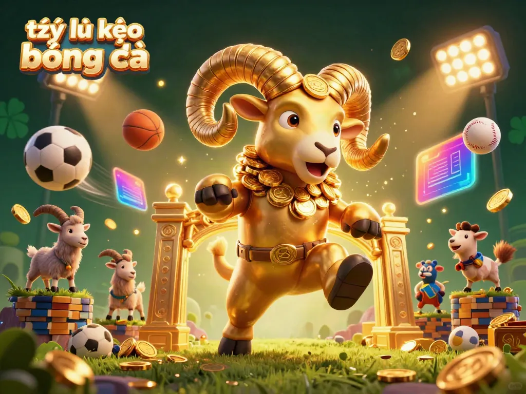 Engage with the thrilling tỷ lệ kèo bóng đá action in a vibrant 3D illustration of a golden ram charging through a golden gate with sports elements.