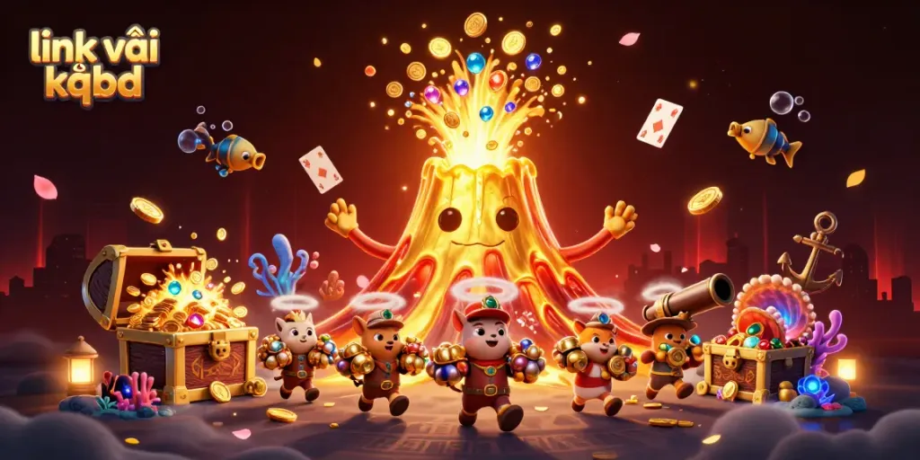 Engage in thrilling gaming with link vào kqbd, showcasing a cartoon volcano and treasure in vibrant 3D.