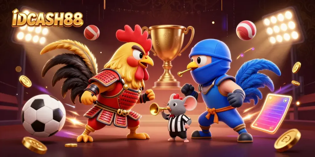 Place bets and enjoy thrilling gameplay with IDCASH88 through vibrant 3D cartoon action featuring roosters and sports elements.