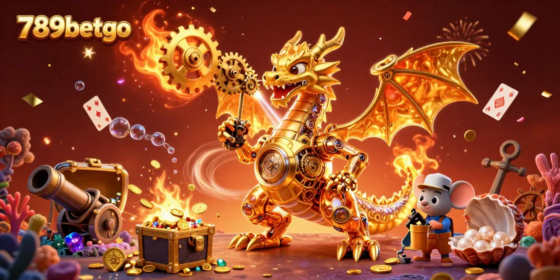 Experience immersive gaming action at 789betgo with a vibrant 3D dragon illustration featuring casino themes and treasures.