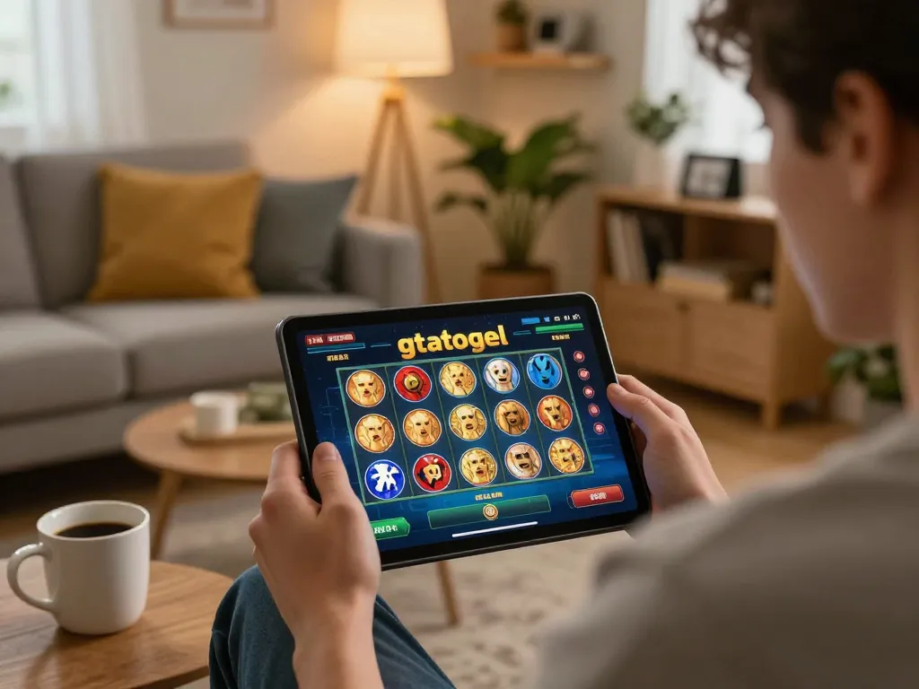 Engage with gtatogel for thrilling online slot gameplay on a tablet in a cozy living room.
