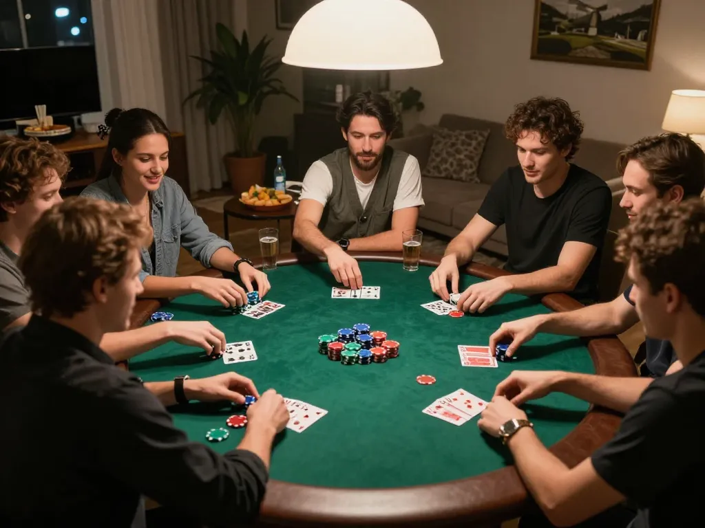 Friends enjoying an exciting poker night, showing colorful chips and cards while playing 79king games.