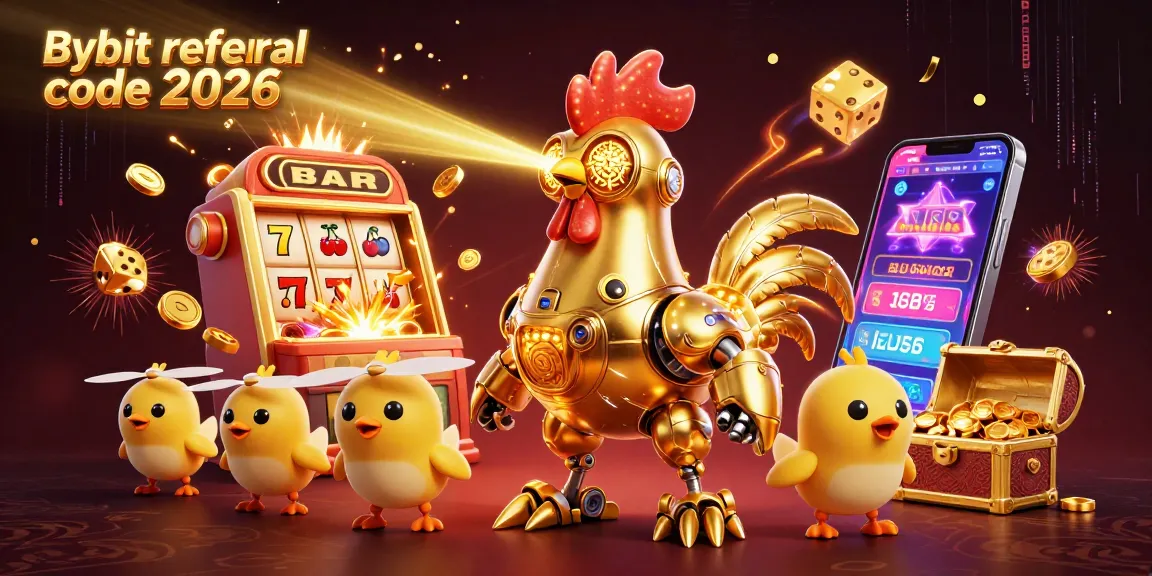 Engage in thrilling gaming with Bybit referral code 2026, featuring a golden rooster robot amidst casino fun.