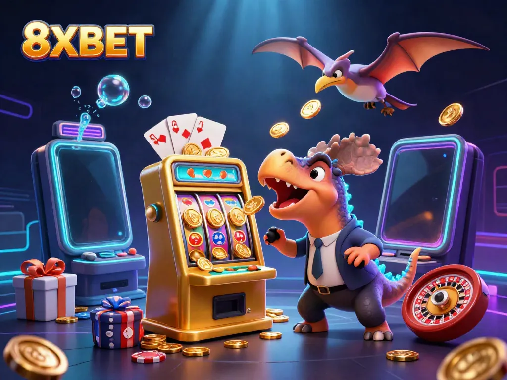 8XBET showcases an epic casino scene with a pachycephalosaurus hitting a slot machine for gold coins.
