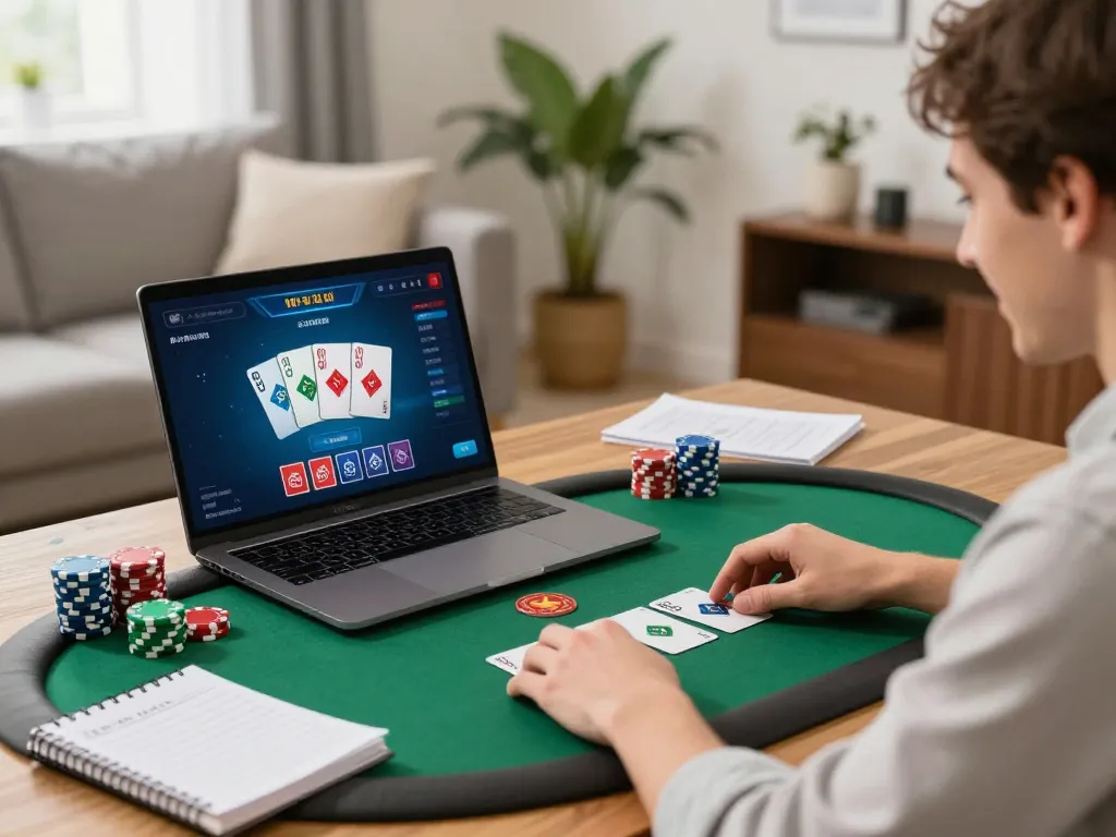 Duitgini online player strategizing during a home poker game with laptop and notes