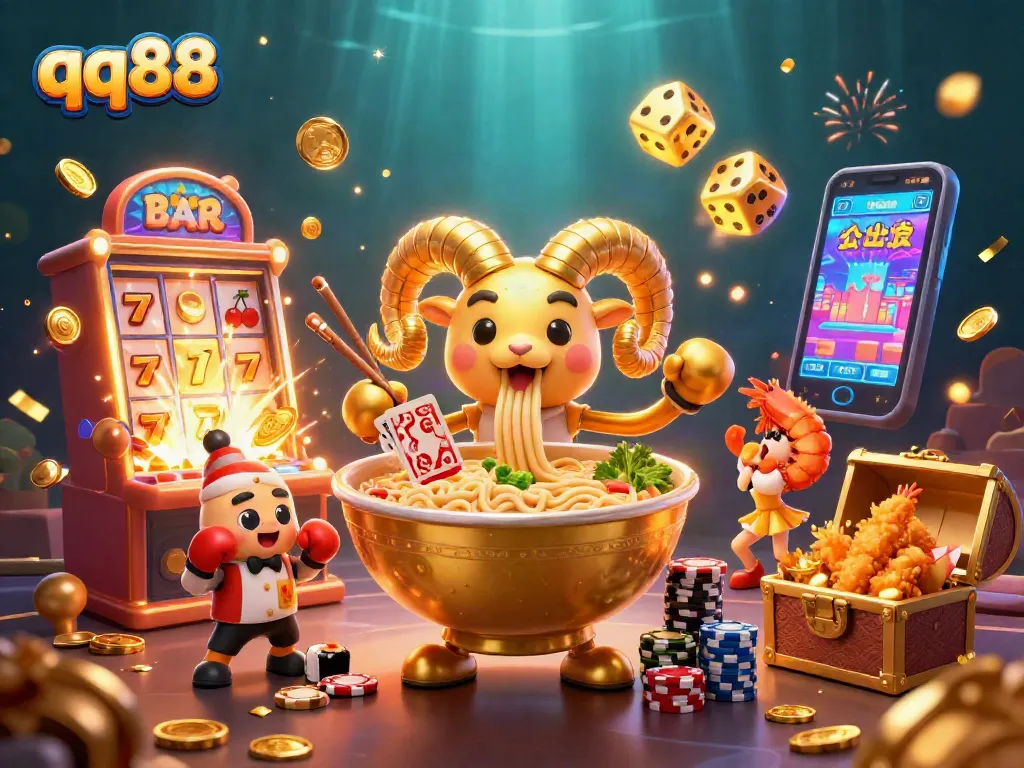 Experience the excitement of qq88 with a vibrant casino-themed illustration showcasing fun characters and games.