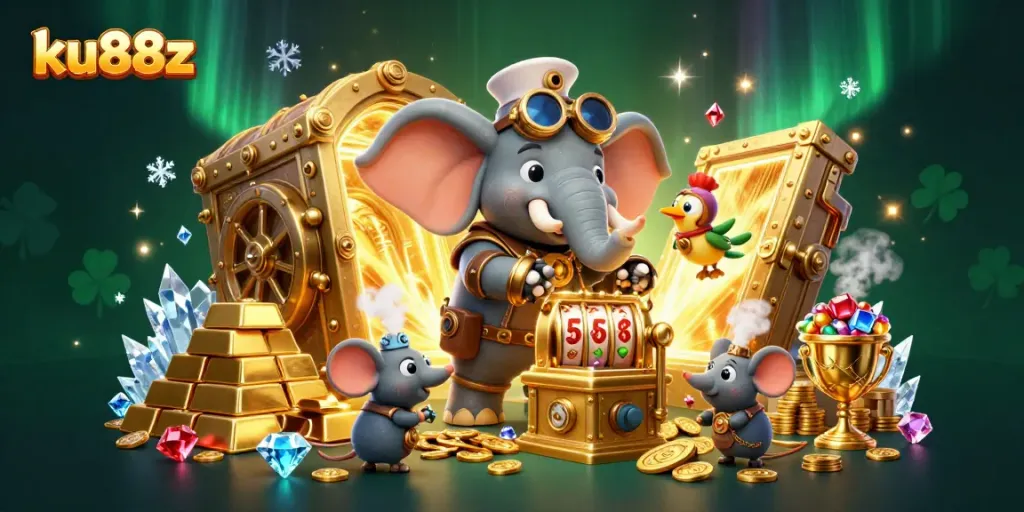 Engage with the exciting slots action at ku88z with vibrant illustrations of golden treasures and characters.