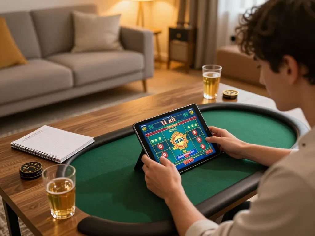 Player engaging in a thrilling tài xỉu md5 online game in a cozy home setup, displaying intense focus and strategy.