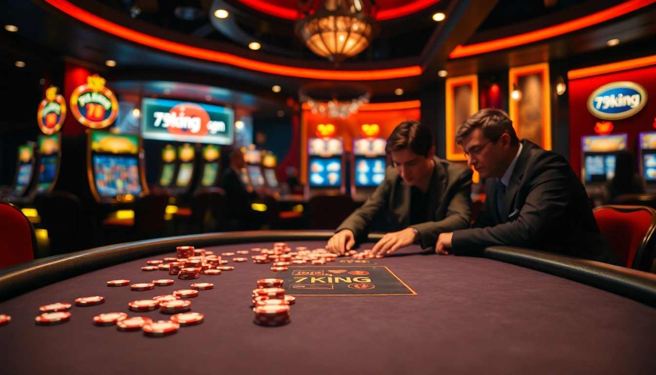 Engage in high-stakes gaming at 79king's premium poker tables featuring vibrant chips and dynamic energy.