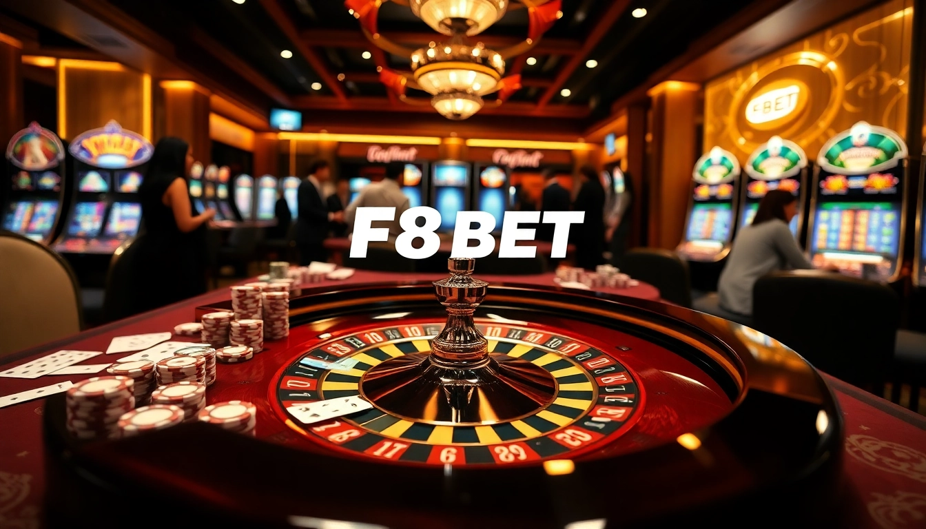 Excelling at F8BET gaming with players enjoying poker, roulette, and vibrant casino ambiance.