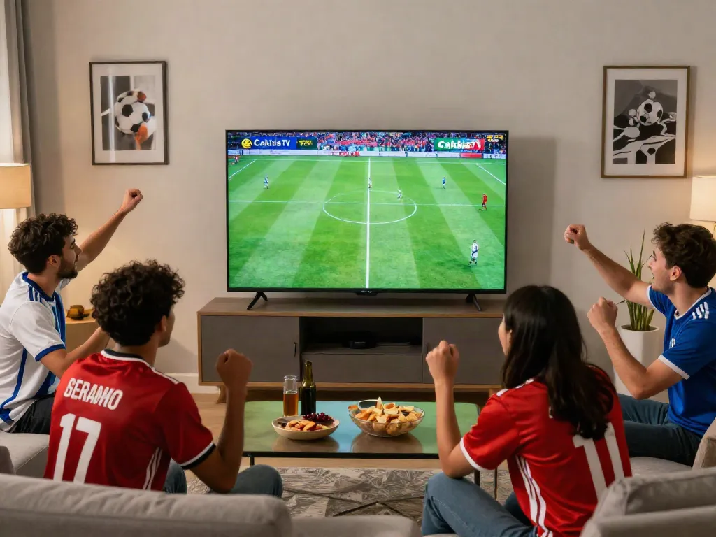 Group of friends enjoying a live football match on CakhiaTV in a lively living room.