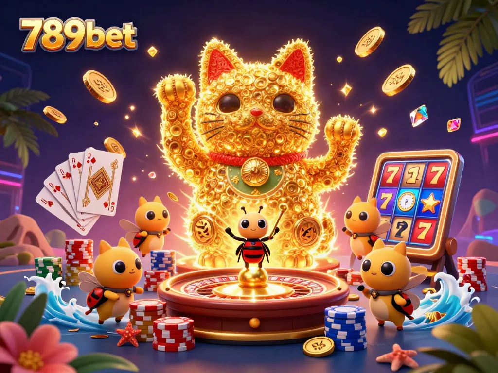 Experience thrilling online gaming adventures with the vibrant scene of 789bet's lucky cat and casino elements.