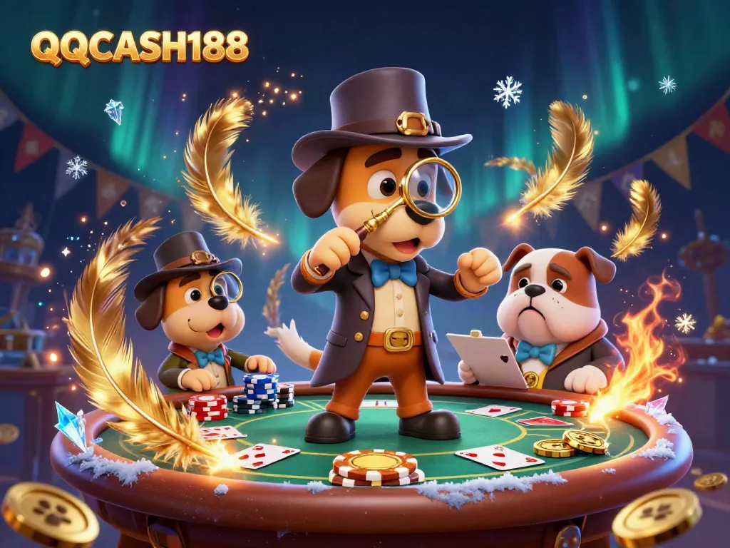 Join the excitement of QQCASH188 with a detective bloodhound searching for treasure in an immersive poker scene.