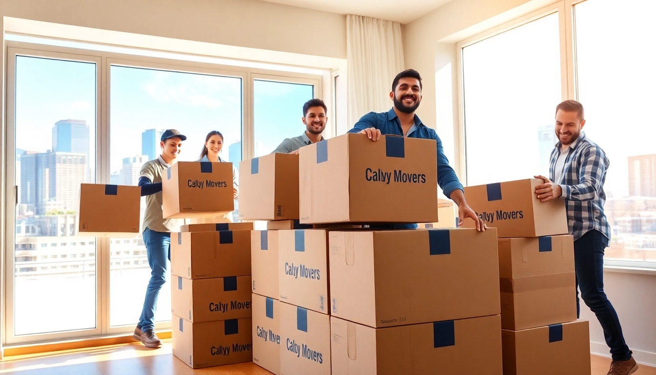 Calgary movers efficiently packing boxes in a modern home, showcasing their expertise and teamwork.