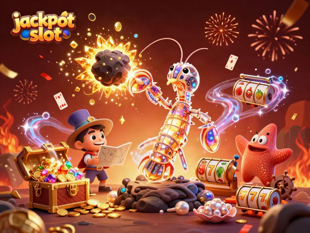 Experience the excitement of jackpot slot with a dynamic 3D illustration featuring a galactic samurai shrimp amid vibrant casino elements.