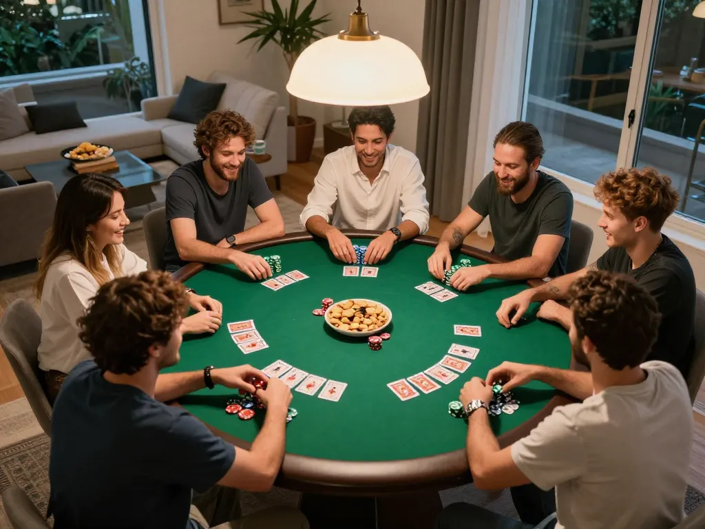 Players engaging in exciting Kèo nhà cái action during a home poker night, showcasing strategic gameplay and social interaction