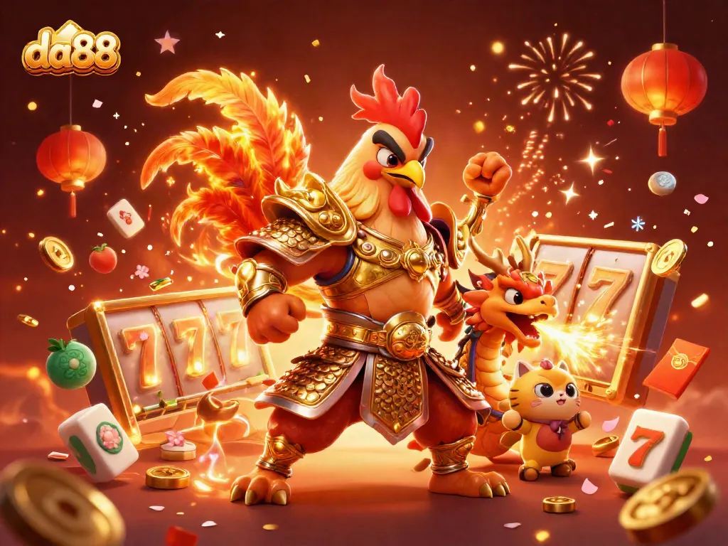 Engage in thrilling slots at da88 while a fighting rooster warrior and dragon breathe life into the action.