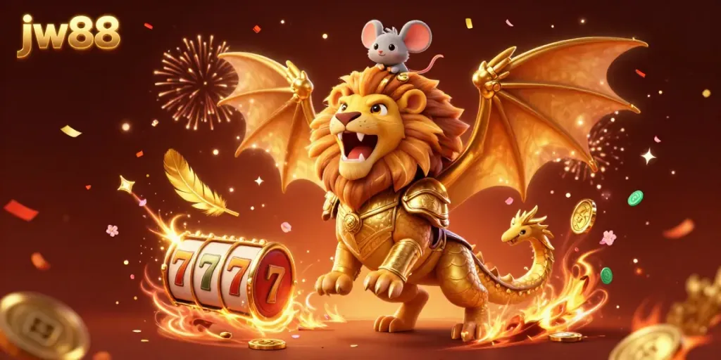 Win big at jw88 with a dynamic 3D casino scene featuring thrilling slot reels and celebratory effects.