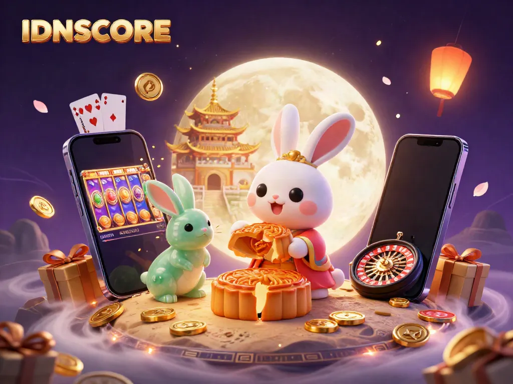 Engaging IDNSCORE casino scene with a moon rabbit revealing poker chips inside mooncakes, showcasing vibrant gaming elements.