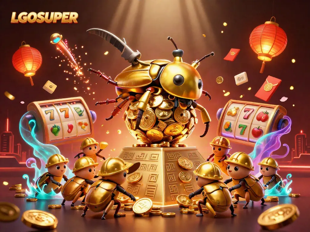 Experience the vibrant energy of LGOSUPER with golden beetles amidst casino symbols.
