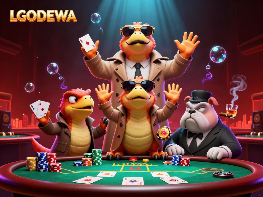 Engage with the LGODEWA experience as three raptors hilariously attempt to enter a VIP lounge, surrounded by vibrant casino elements.