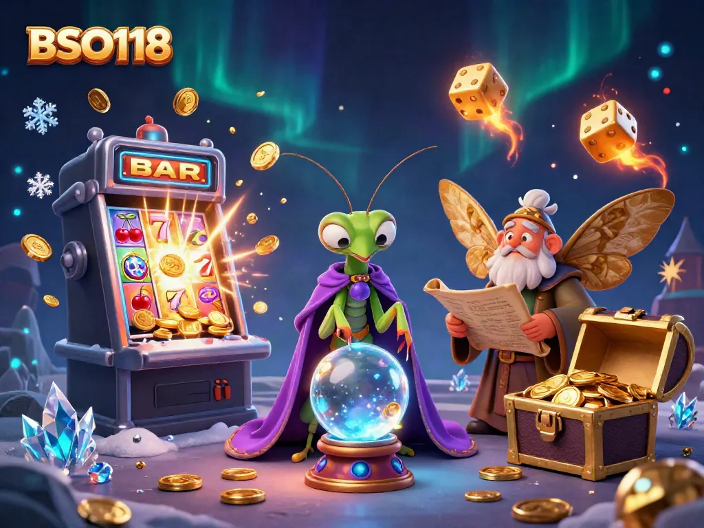 Immerse in BSO118's casino world, featuring a mystical mantis fortune teller, moth librarian, and vibrant game elements.