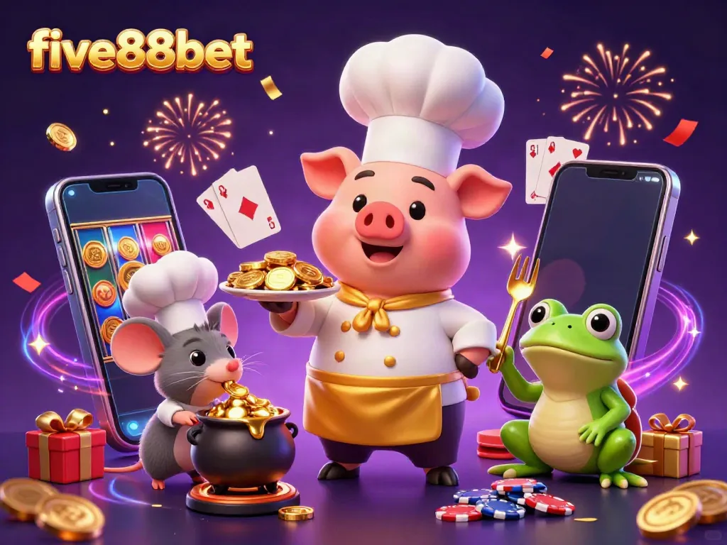 Experience thrilling gameplay with five88bet's 3D cartoon casino scene featuring unique characters and vibrant game elements.