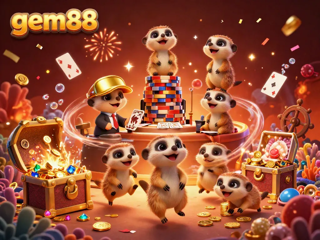 Experience the thrilling ambiance of gem88 with meerkats managing an exciting casino operation, surrounded by gold treasures.